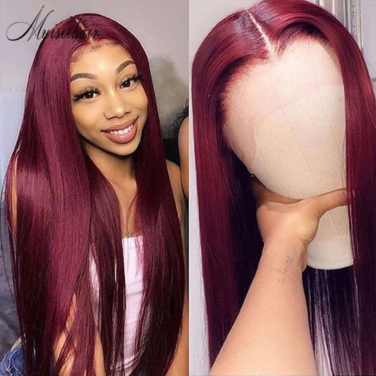 Myiseehair Long Straight 100% Virgin Human Hair 99J Colored Lace Front Wig With Bleached Knots ISEE84