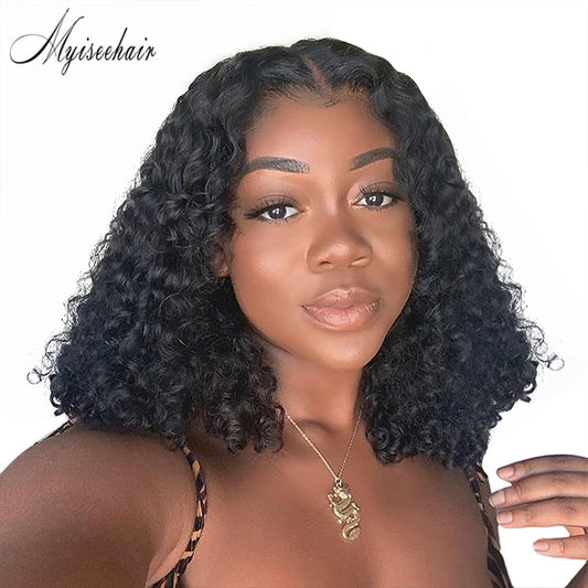 Myiseehair Glueless Short Curly Full Lace Human Hair Wig Free Parting With Bleached Knots ISEE74