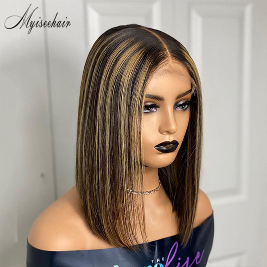 Myiseehair Highlight Color Bob Pre-plucked Hairline 360 Lace Wig With Fake Scalp ISEE77