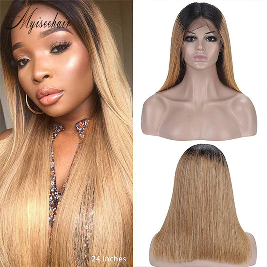 Myiseehair T1B/30 Ombre Color Straight Short Bob Wig 150% Density Medium Brown Lace Full Lace Wig ISEE78