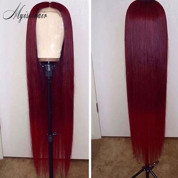 Myiseehair Long Straight 100% Virgin Human Hair 99J Colored Lace Front Wig With Bleached Knots ISEE84