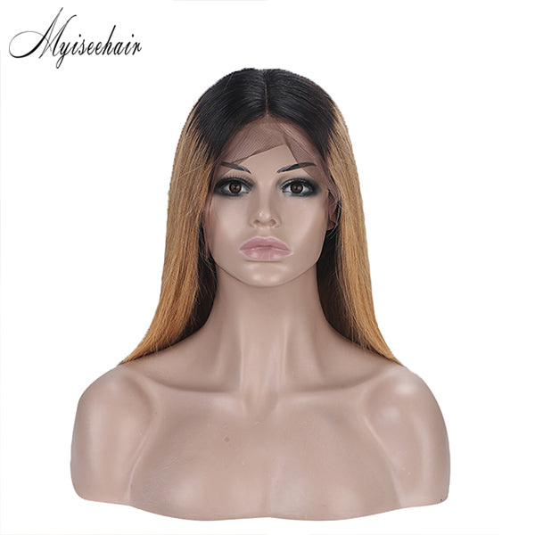 Myiseehair T1B/30 Ombre Color Straight Short Bob Wig 150% Density Medium Brown Lace Full Lace Wig ISEE78