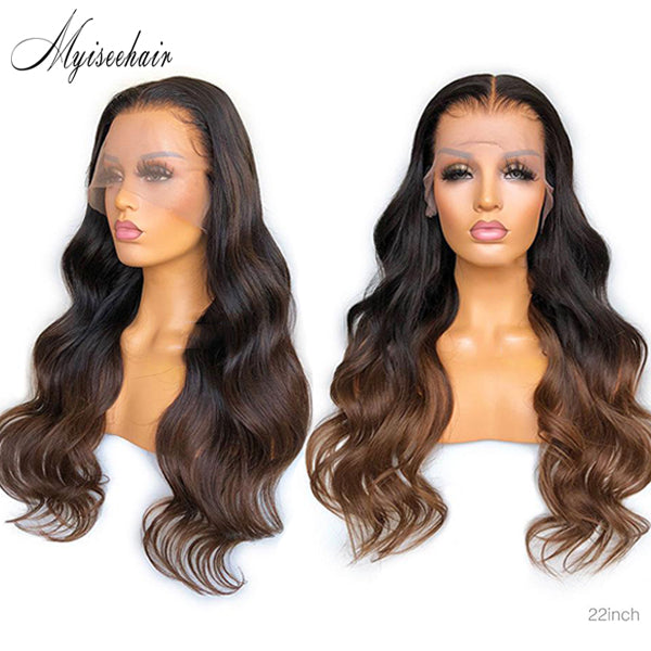 Myiseehair Invisible HD Lace 360 Lace Wig Brazilian Virgin Human Hair Ombré Brown Wavy Wigs ISEE90