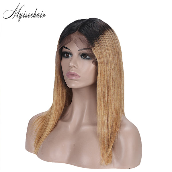 Myiseehair T1B/30 Ombre Color Straight Short Bob Wig 150% Density Medium Brown Lace Full Lace Wig ISEE78
