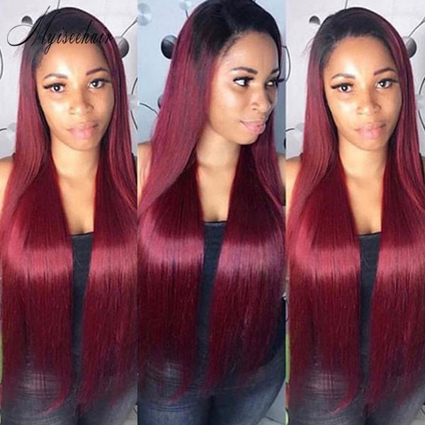Myiseehair Long Straight 100% Virgin Human Hair 99J Colored Lace Front Wig With Bleached Knots ISEE84