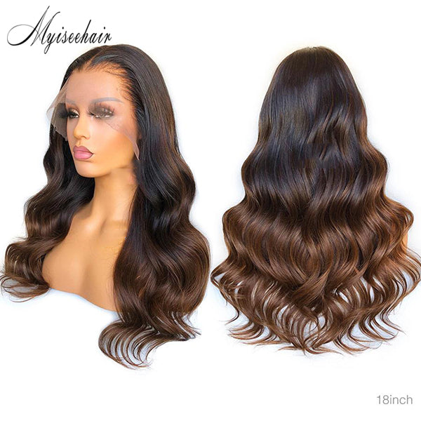 Myiseehair Invisible HD Lace 360 Lace Wig Brazilian Virgin Human Hair Ombré Brown Wavy Wigs ISEE90