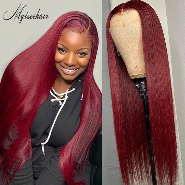 Myiseehair Long Straight 100% Virgin Human Hair 99J Colored Lace Front Wig With Bleached Knots ISEE84