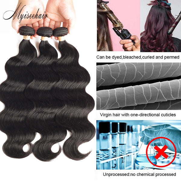 Myiseehair 3 Bundles Brazilian Body Wave 100% Human Hair Weave Remy Hair Extensions Bundles Natural Color
