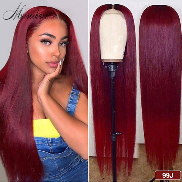 Myiseehair Long Straight 100% Virgin Human Hair 99J Colored Lace Front Wig With Bleached Knots ISEE84