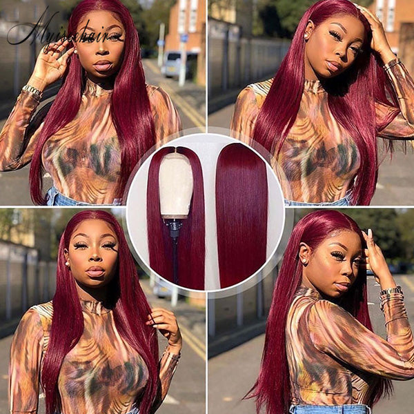 Myiseehair Long Straight 100% Virgin Human Hair 99J Colored Lace Front Wig With Bleached Knots ISEE84