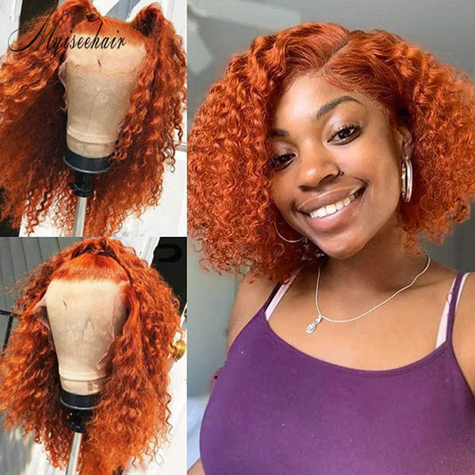 Orange Human Hair Lace Front Wig For Women Ginger Curly Pixie Cut Short Bob ISEE104