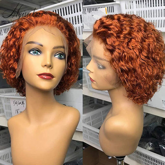 Myiseehair 150% Density Lace Front Wig Orange Human Hair For Women Ginger Curly Pixie Cut Short Bob ISEE105