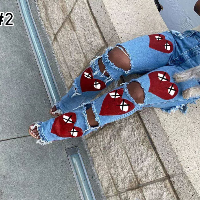 Fashion hollow hole print high waist denim pants size L108