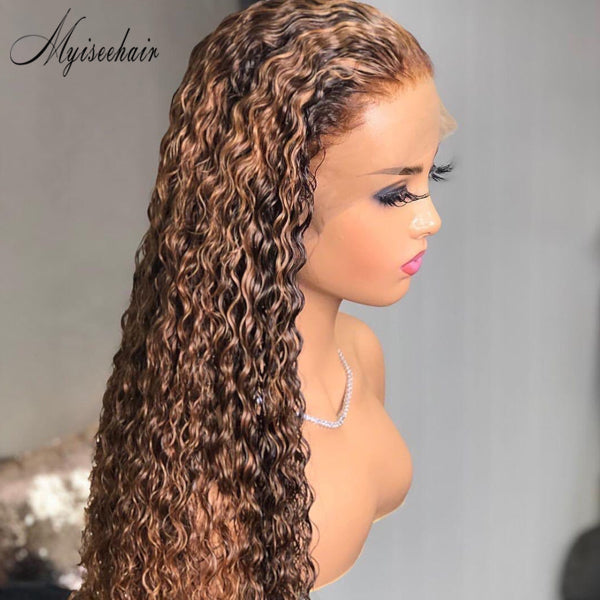 MYISEEHAIR #27 Highlight Color Curly Virgin Human Hair HD Lace Front Wigs With Fake Scalp ISEE98