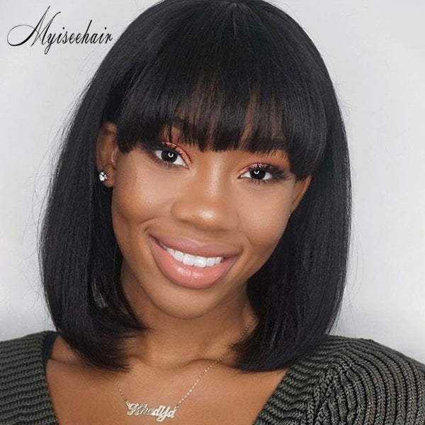 Myiseehair Bob Cut Full Lace Human Hair Wig Pre Plucked Natural Hair With Bangs ISEE95