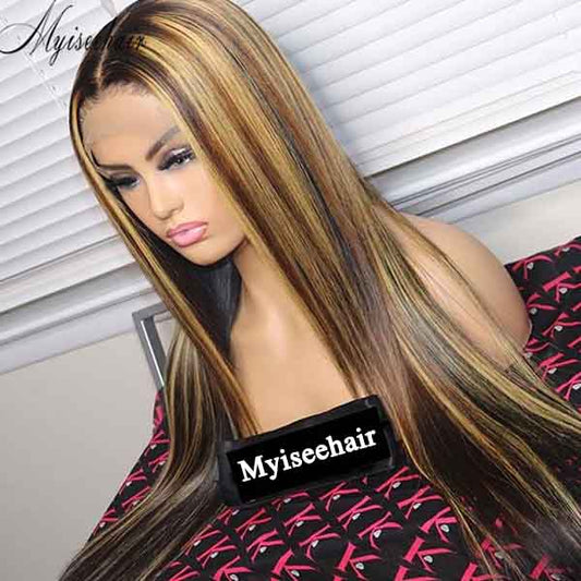 Myiseehair Highlight Color Straight Full Lace Human Hair Wigs Virgin brazilian Hair Glueless Full Lace Wig ISEE83