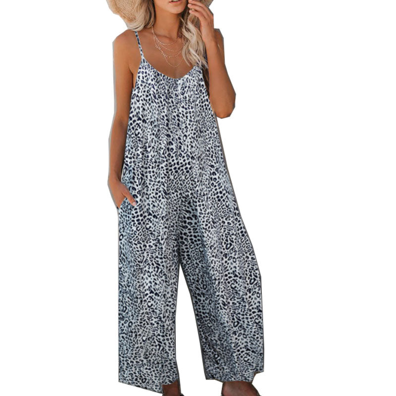 2022 Summer Pocket Casual Loose Wide Leg Sling Jumpsuit L131