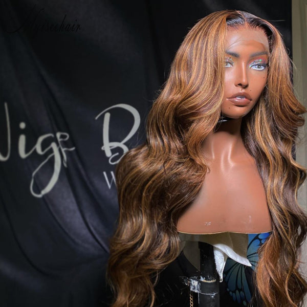 Myiseehair Wavy Hair 13X6 Lace Frontal Wig Pre Plucked Hairline HD Lace Wigs Highlights Color ISEE96