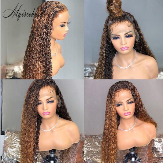 MYISEEHAIR #27 Highlight Color Curly Virgin Human Hair HD Lace Front Wigs With Fake Scalp ISEE98