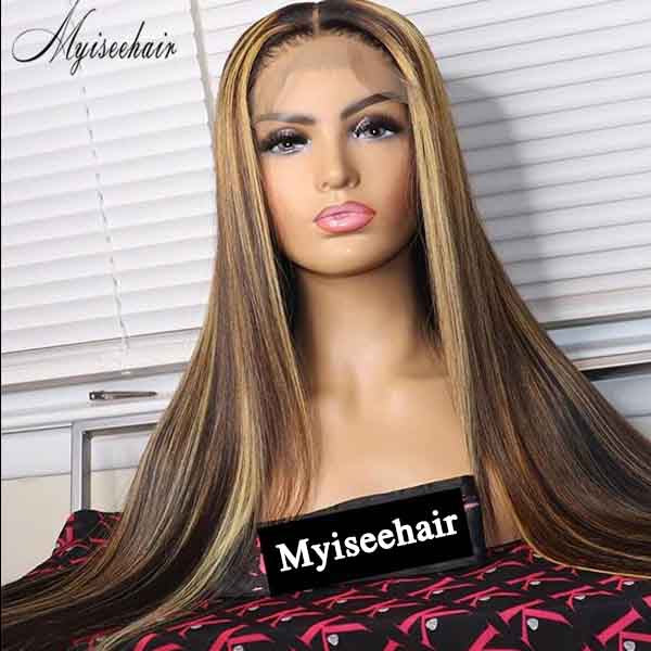 Myiseehair Highlight Color Straight Full Lace Human Hair Wigs Virgin brazilian Hair Glueless Full Lace Wig ISEE83