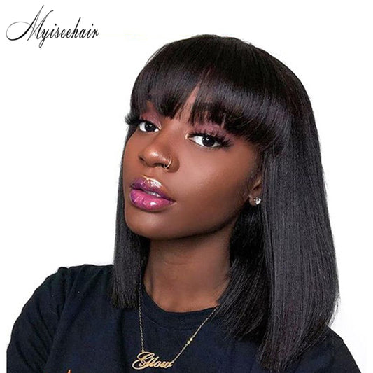 Myiseehair Bob Cut Full Lace Human Hair Wig Pre Plucked Natural Hair With Bangs ISEE95