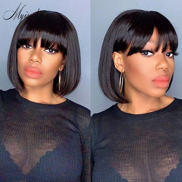 Myiseehair Bob Cut Full Lace Human Hair Wig Pre Plucked Natural Hair With Bangs ISEE95