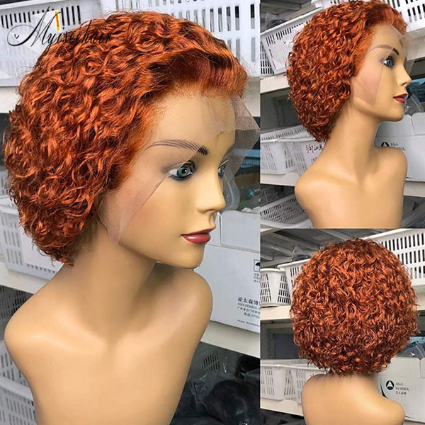 Myiseehair 150% Density Lace Front Wig Orange Human Hair For Women Ginger Curly Pixie Cut Short Bob ISEE105