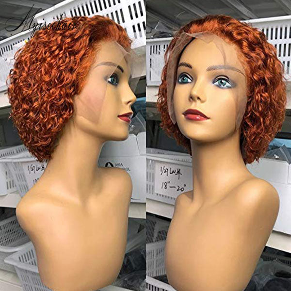 Myiseehair 150% Density Lace Front Wig Orange Human Hair For Women Ginger Curly Pixie Cut Short Bob ISEE105