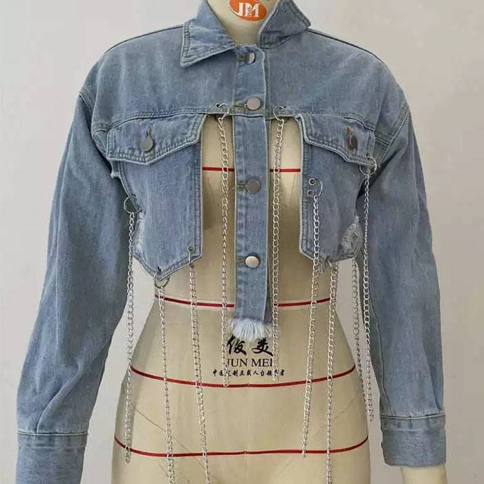Chain short worn denim jacket size L39