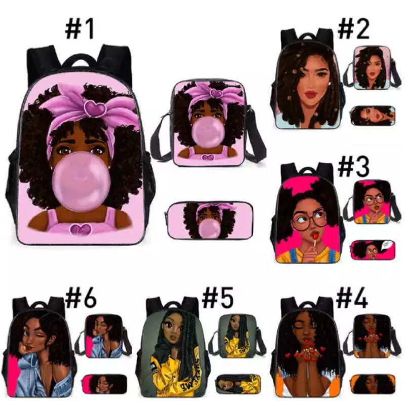 Cartoon African girl kids cartoon backpack three piece set L216