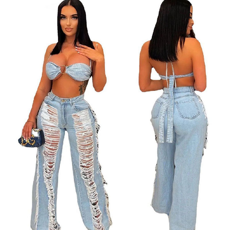 Denim casual tube top halter ripped tassel suit L230