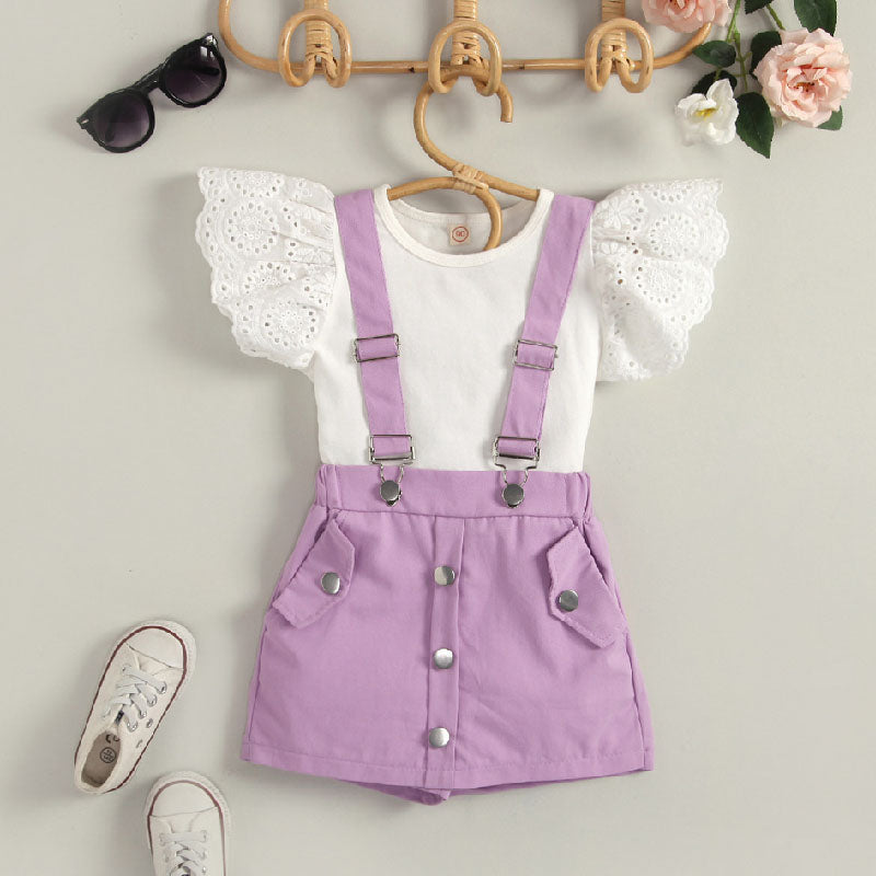 Girls Solid Color Hollow Crew Neck Top Bib Skirt Two Piece Set L200