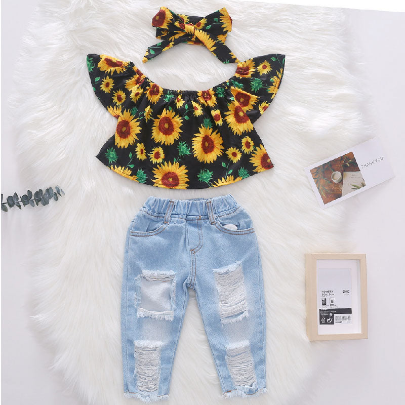 Girls' Printed Brushed Denim Ripped Pants Bandana Three Piece Set L202
