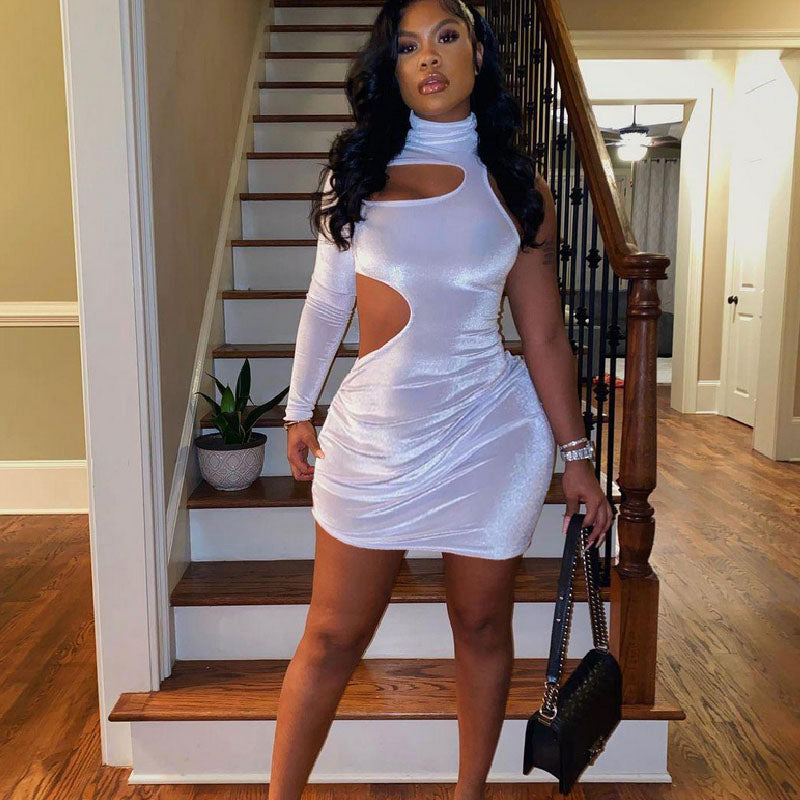 High Neck Sexy Fashion Casual Single Sleeve Dress L189