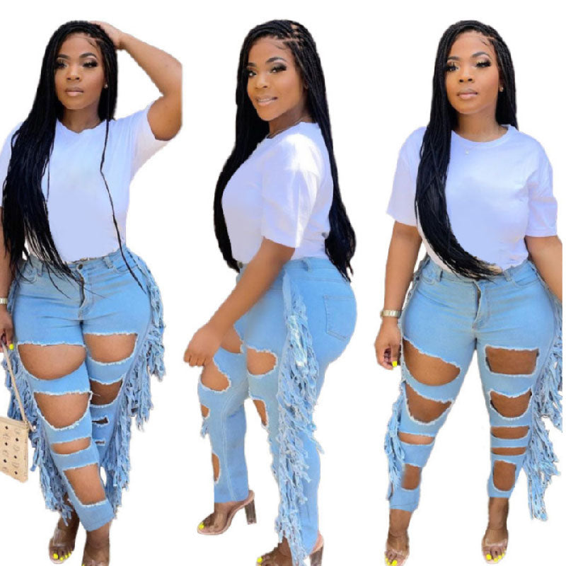 High waist casual big tassel ripped jeans women's L174