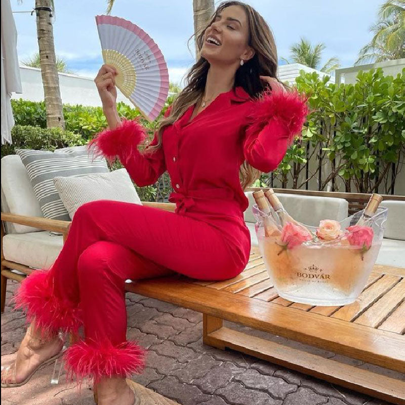 Ladies Lapel Top Feather Pants Pajama Set L144