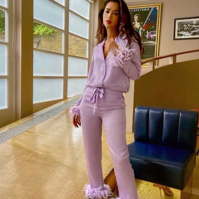 Ladies Lapel Top Feather Pants Pajama Set L144