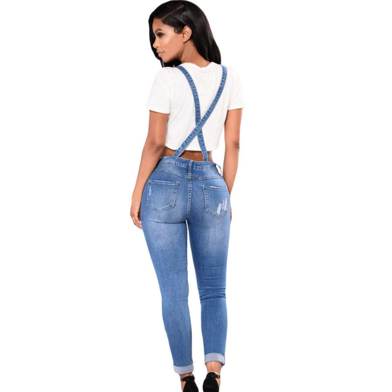 Ladies Ripped Denim Suspender Jeans With Straps L159