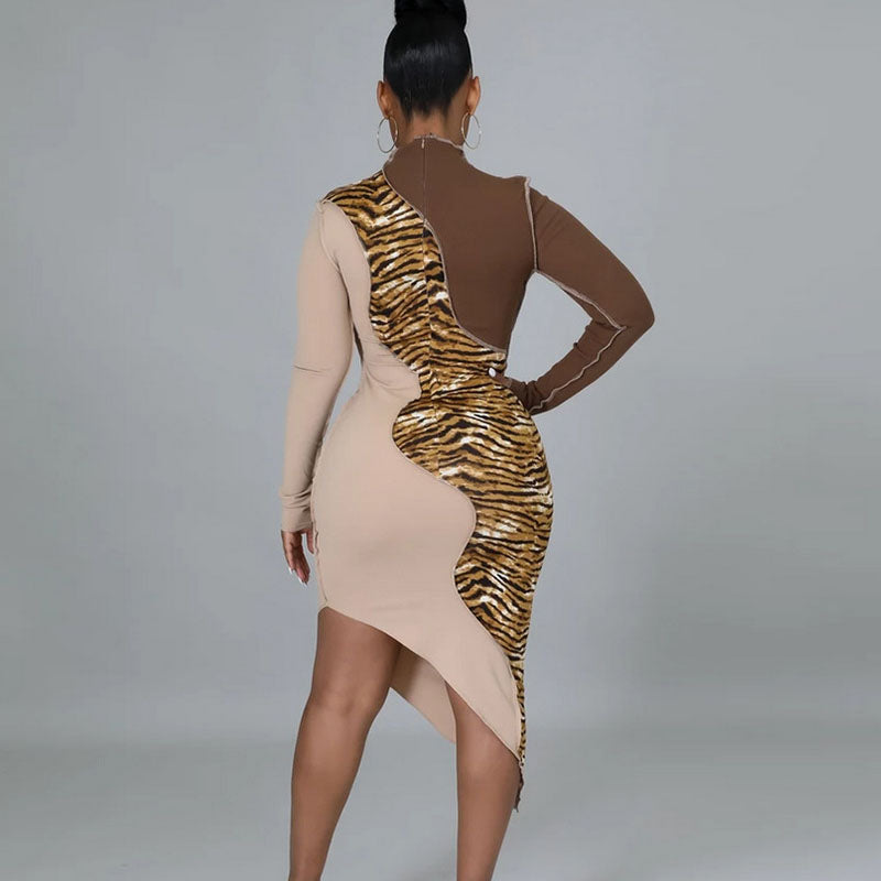 Long Sleeve Half Turtleneck Fashion Colorblock Casual Slim Dress L190