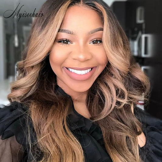 MYISEEHAIR Ash Blonde Highlights Natural Wavy Lace Wigs With Fake Scalp ISEE31