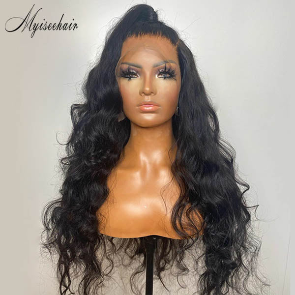 MYISEEHAIR BLACK HUMAN HAIR WIG WAVY 360 LACE FRONTAL WITH HIGH PONYTAIL ISEE21