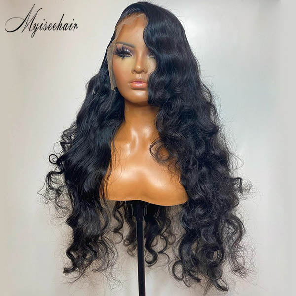 MYISEEHAIR BLACK HUMAN HAIR WIG WAVY 360 LACE FRONTAL WITH HIGH PONYTAIL ISEE21