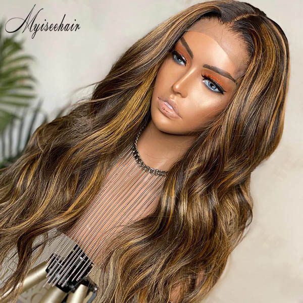 MYISEEHAIR BLONDE HIGHLIGHT COLOR WAVY VIRGIN HUMAN HAIR 360 LACE WIG ISEE19