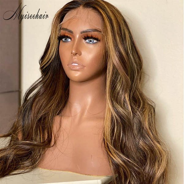 MYISEEHAIR BLONDE HIGHLIGHT COLOR WAVY VIRGIN HUMAN HAIR 360 LACE WIG ISEE19