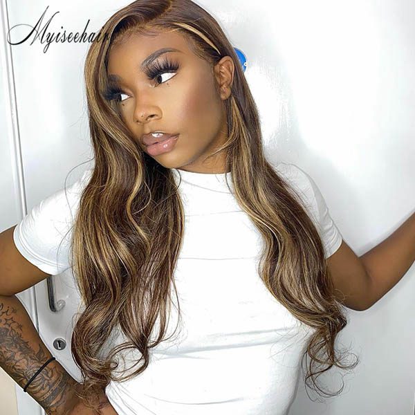 MYISEEHAIR BLONDE HIGHLIGHT COLOR WAVY VIRGIN HUMAN HAIR 360 LACE WIG ISEE19