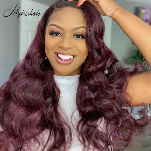 MYISEEHAIR Burgendy Red Wine Color Natural Wavy 136 Lace Front Wig ISEE33
