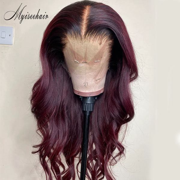 MYISEEHAIR Burgendy Red Wine Color Natural Wavy 136 Lace Front Wig ISEE33 (2)
