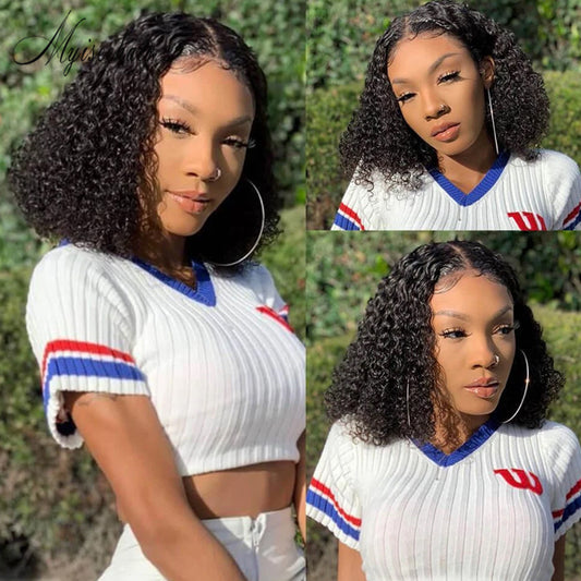 MYISEEHAIR Glueless Black Curly Bob Thick Human Hair 360 Lace Wig With Fake Scalp ISEE35