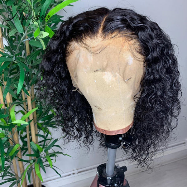 MYISEEHAIR Glueless Black Curly Bob Thick Human Hair 360 Lace Wig With Fake Scalp ISEE35