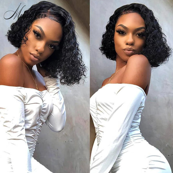 MYISEEHAIR Glueless Black Curly Bob Thick Human Hair 360 Lace Wig With Fake Scalp ISEE35